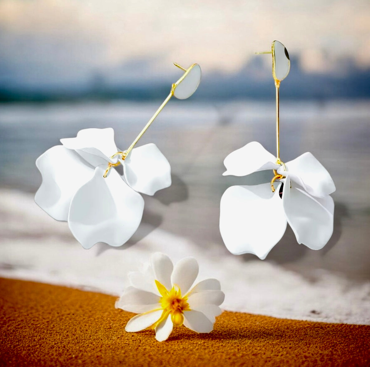 Line - Ready to Ship - 2.5 Inch White Gold Dangling Flower Earrings