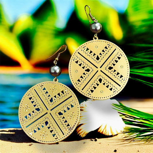Skye-Ready to Ship-Large Gold Round Tribal Earrings with Black Pearl