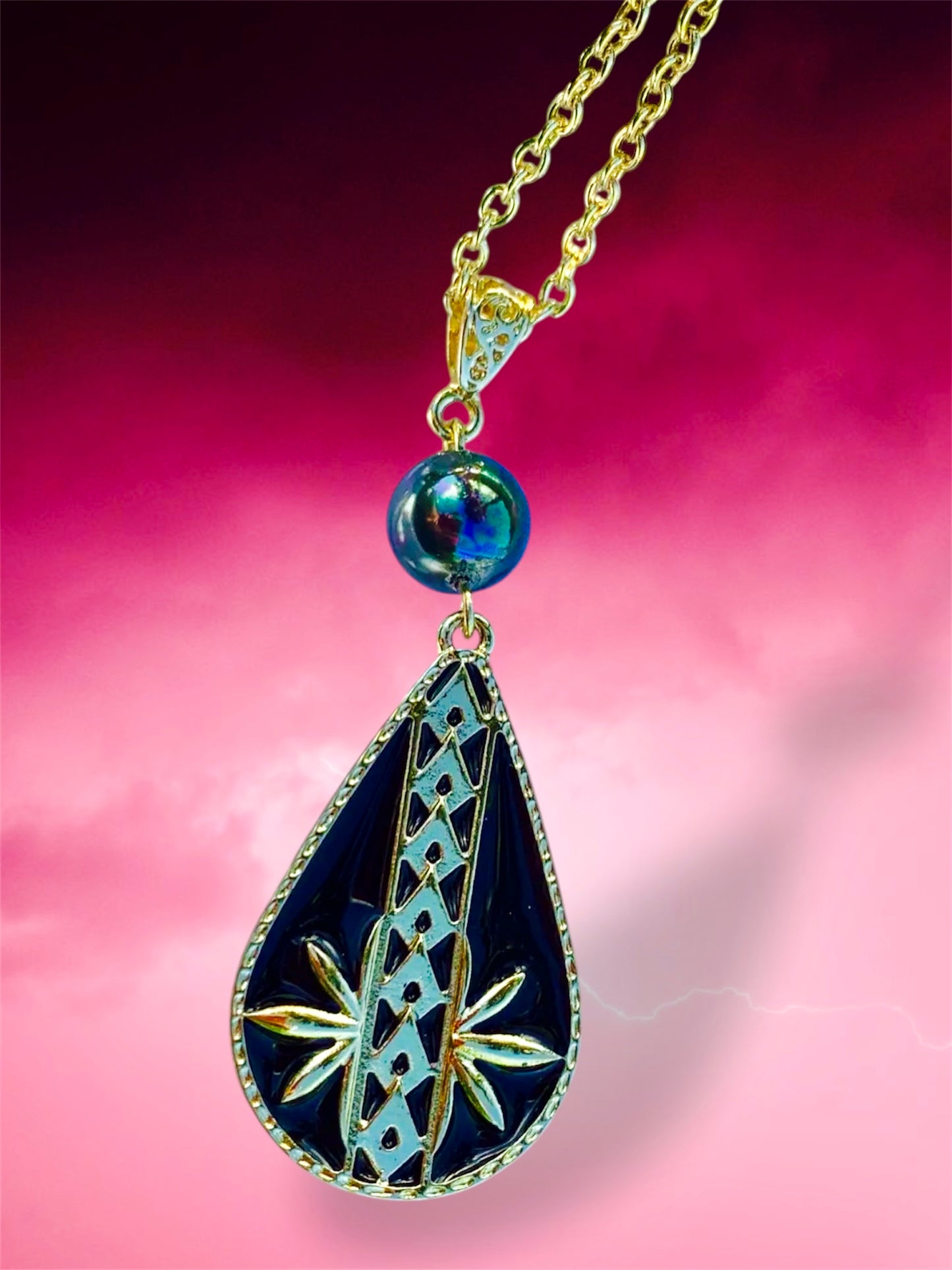 Iwalani-Pre-Order-Tribal Black Enamel Design Hamilton Gold Necklace with Shell Pearls