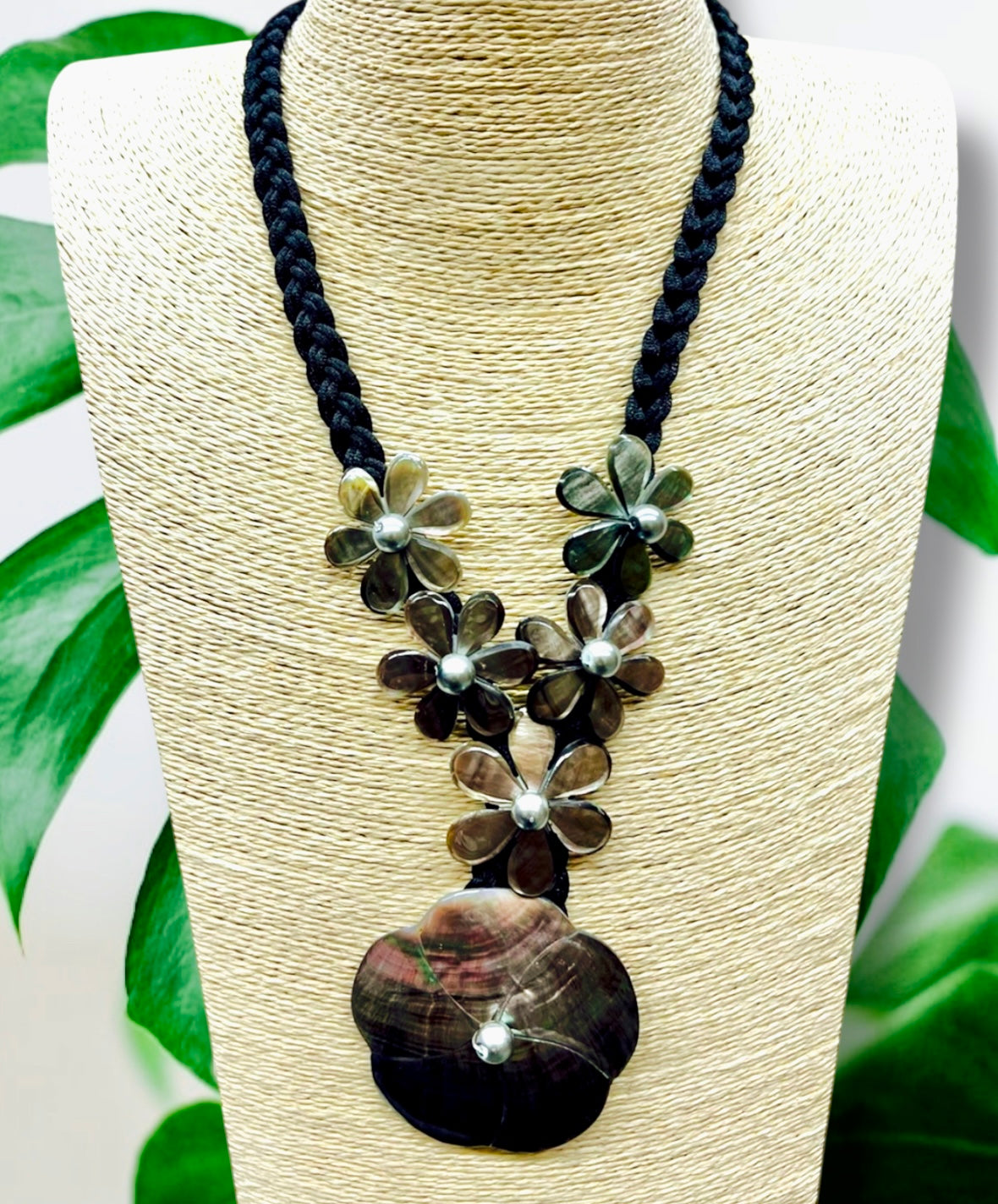 Tina-Pre-Order-Plumeria and Tiare Mother of Pearl Carved Necklace 22" Brown and Black Braided Nylon Cord