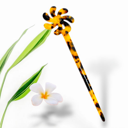 Vai - Ready to Ship-6 Inch Brown Faux Turtle Shell Tiare Flower Hair Stick - Ready to Ship