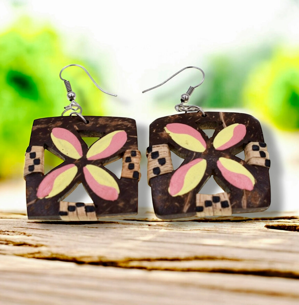 Nuuli-Handmade-Pre-Order-Coconut Yellow Pink Plumeria with Rattan Earrings 2"