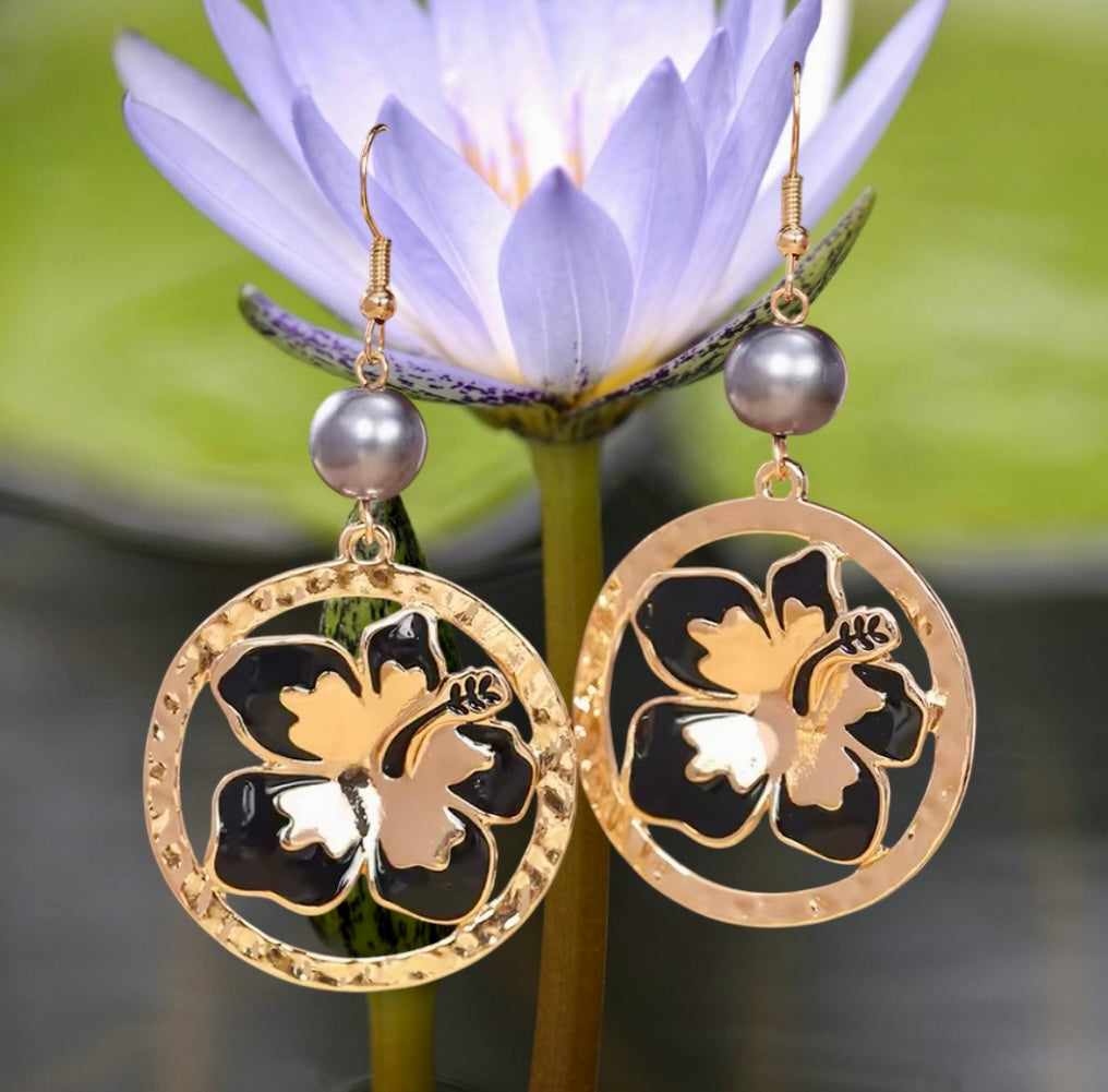 Marissa - Black and Gold Enamel Hibiscus Earrings - Elegant Tropical Jewelry - Ready to Ship
