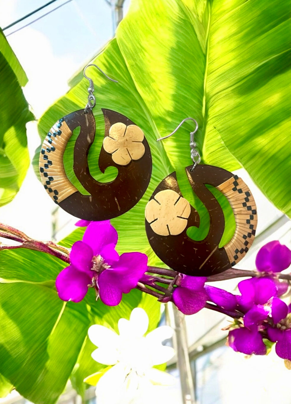 Tiare - Ready to Ship-Handcrafted Coconut Plumeria Rattan Earrings