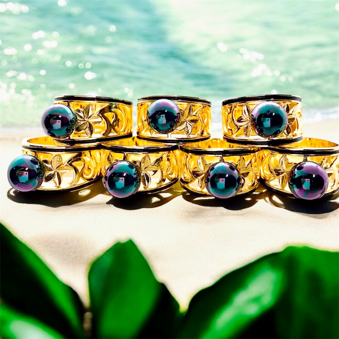 Nalani-Pre-Order-15mm Plumeria Flower Hawaiian Hamilton Gold Ring with Rainbow Shell Pearl