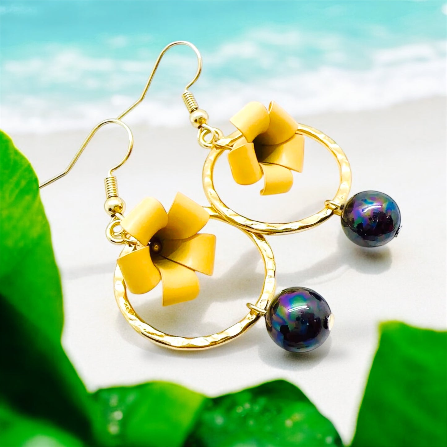 Puakenikeni-Pre-Order-Flower Earrings with Black Pearl