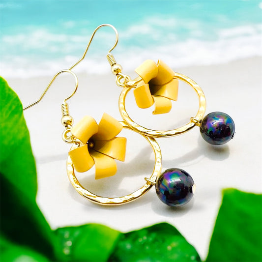 Puakenikeni-Pre-Order-Flower Earrings with Black Pearl