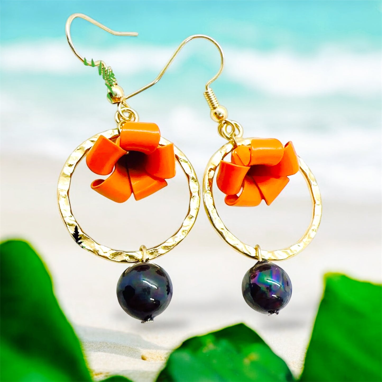Puakenikeni-Pre-Order-Flower Earrings with Black Pearl