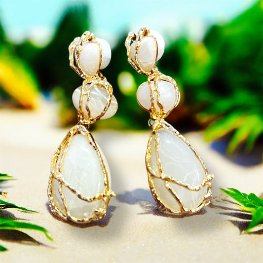 Siena - Ready to Ship-Elegant Dangling Earrings Three Gems with Gold Accent