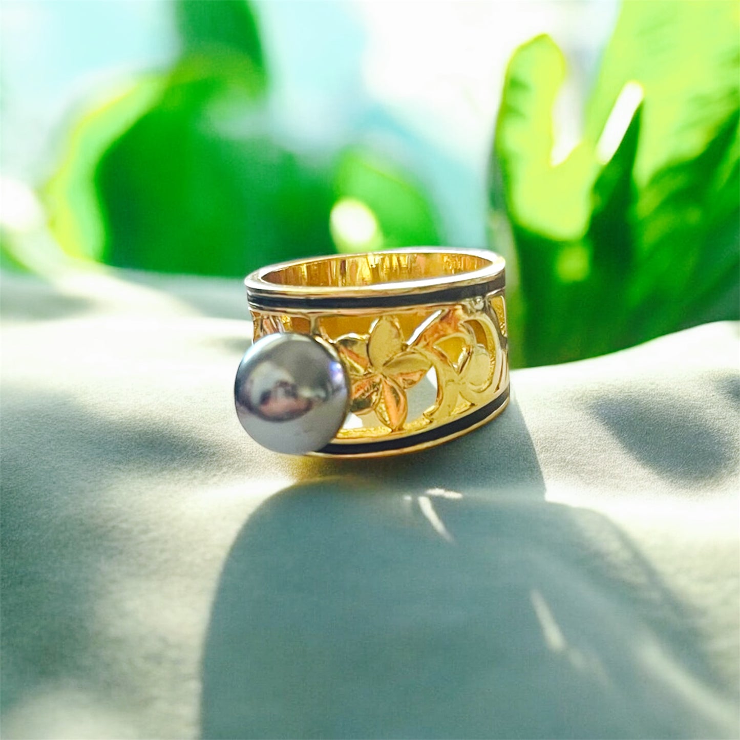 Alyah-Ready to Ship-Hamilton Gold Black Enamel Ring with Plumeria Flowers Grey Pearl