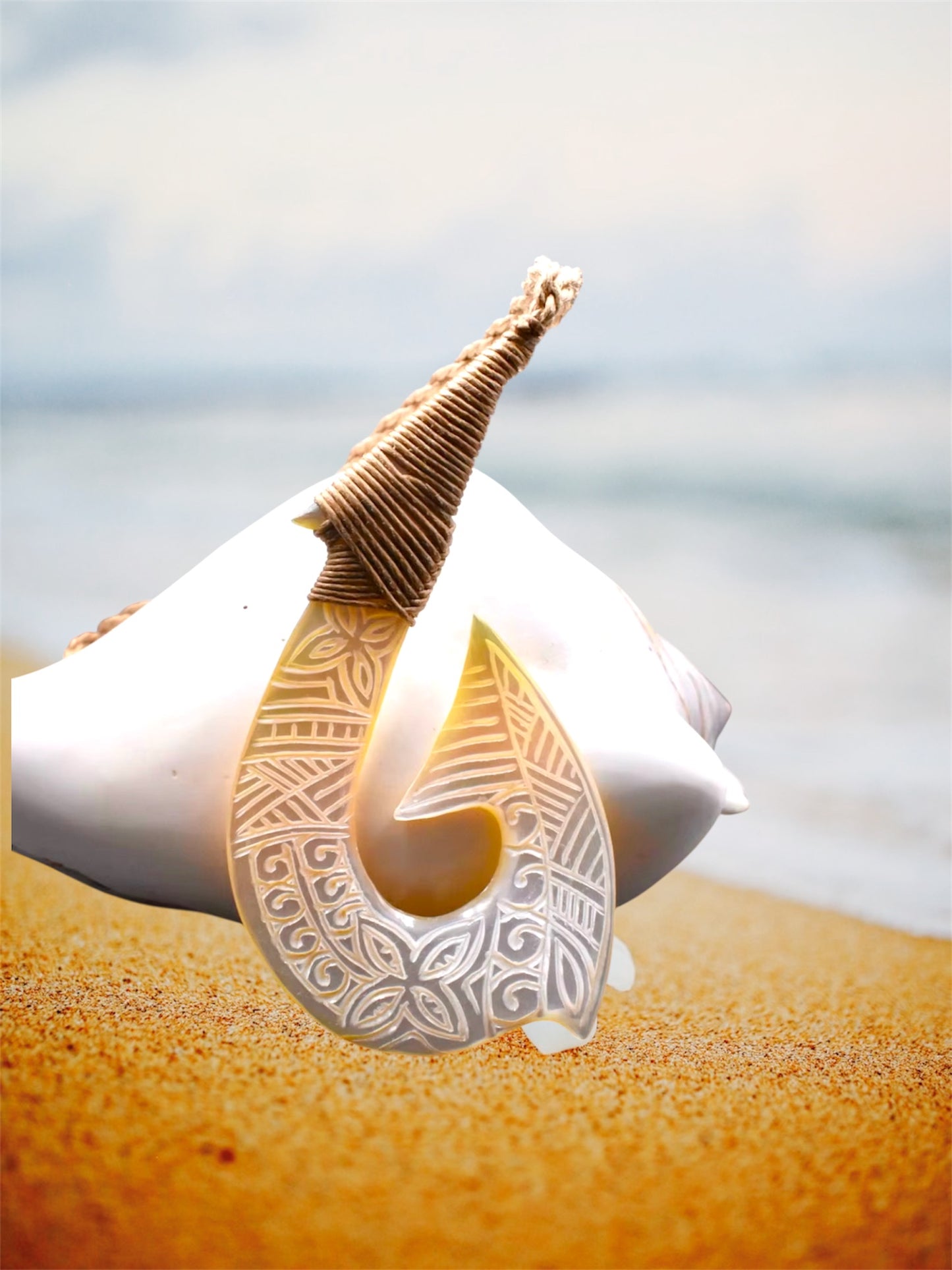 Kami - Ready to Ship-24 Inch Carved Mother of Pearl Hook Necklace