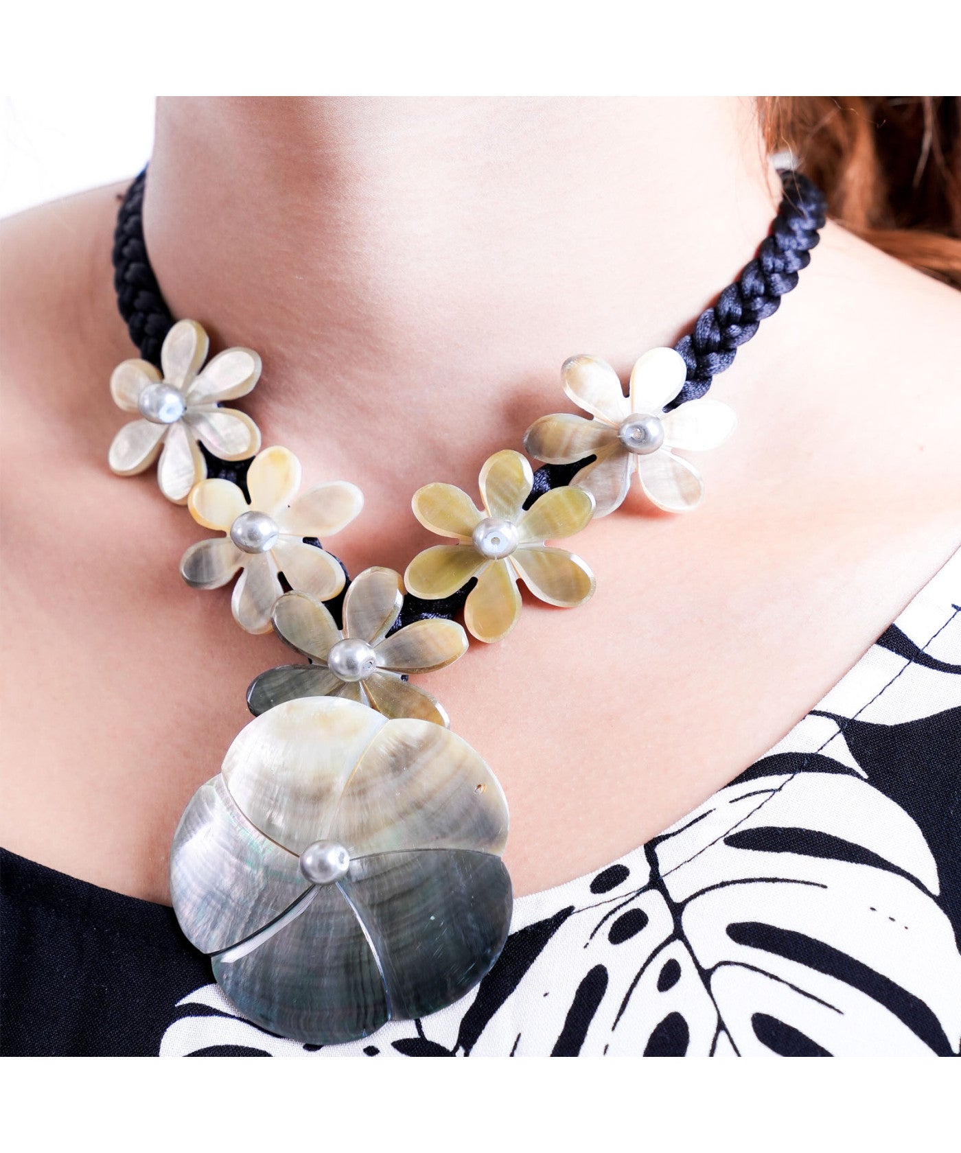 Tina-Pre-Order-Plumeria and Tiare Mother of Pearl Carved Necklace 22" Brown and Black Braided Nylon Cord