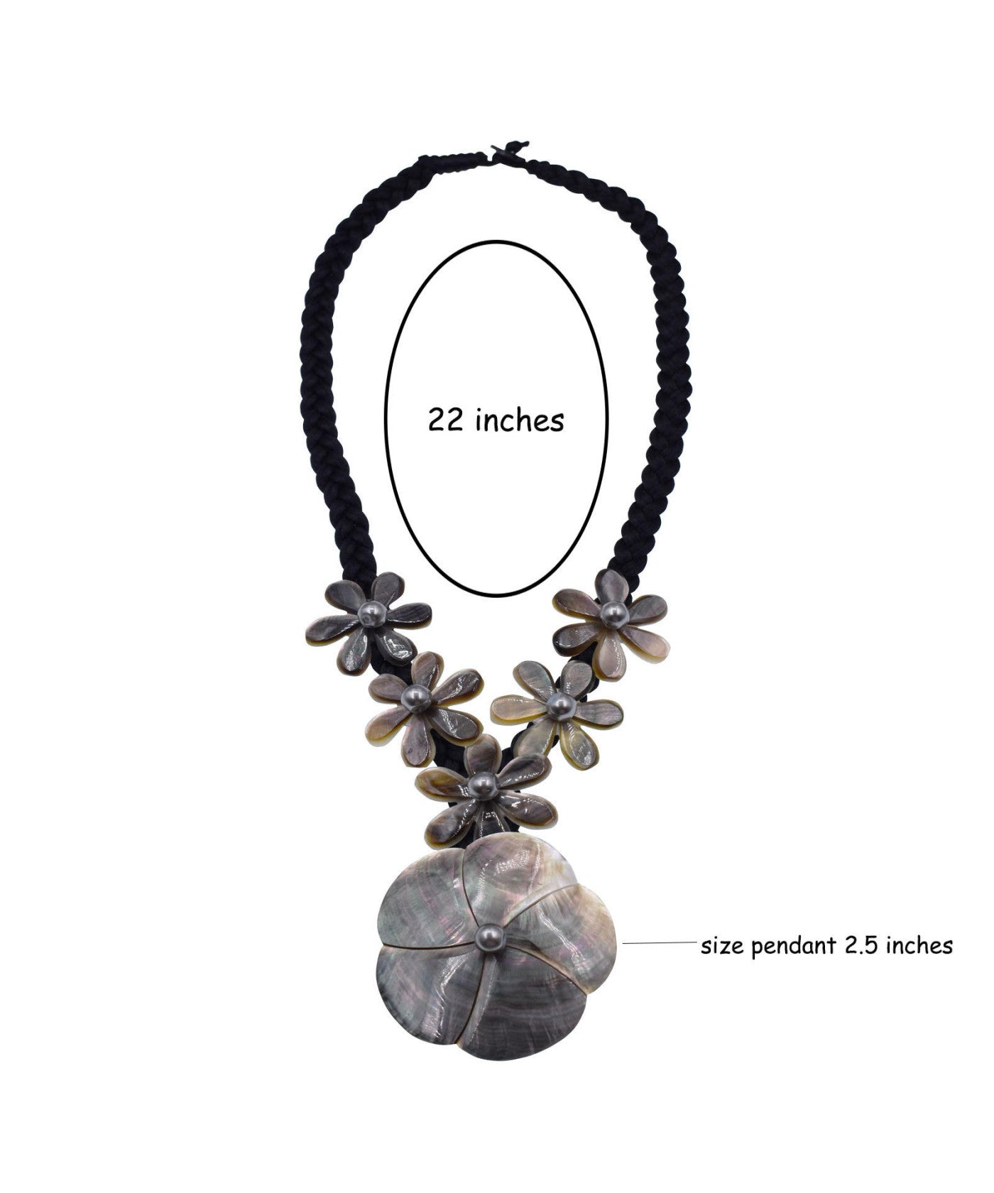 Tina-Pre-Order-Plumeria and Tiare Mother of Pearl Carved Necklace 22" Brown and Black Braided Nylon Cord